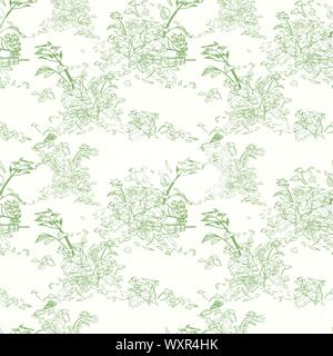 Radierung Stil exotischen Dschungel Landschaft Muster. Zerstreut botanical Leaf, Strichzeichnungen Radierung Stil, in hellen Grüntönen. Cottage und See. Perfekt für packaging design, Wohnkultur, Stofftapeten und stationär. Stock Vektor