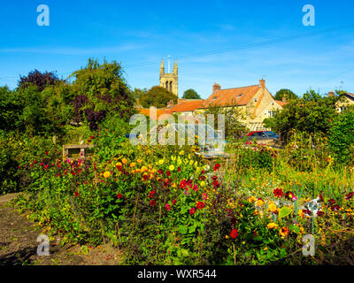 Die Zuteilungen von einem langen Fußweg in Helmsley Stadtzentrum Blüte im frühen Herbst Stockfoto