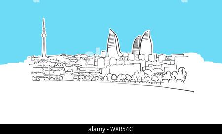 Baku Aserbaidschan Skyline Panorama Vektor Skizze. Handgezeichnete Abbildung auf blauem Hintergrund. Stock Vektor