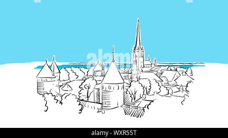 Riga Skyline Panorama Vektor Skizze. Handgezeichnete Abbildung auf blauem Hintergrund. Stock Vektor