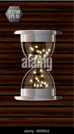 Transparenten Sanduhr mit glühenden Lichter im Inneren, auf hölzernen Hintergrund isoliert. Einfache und elegante Sanduhr Timer. Symbol Uhr 3d-Darstellung Stock Vektor