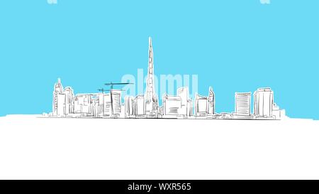 Skyline von Dubai Panorama Vektor Skizze. Handgezeichnete Abbildung auf blauem Hintergrund. Stock Vektor