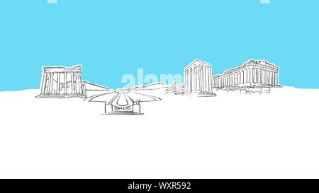 Athen Griechenland Skyline Panorama Vektor Skizze. Handgezeichnete Abbildung auf blauem Hintergrund. Stock Vektor