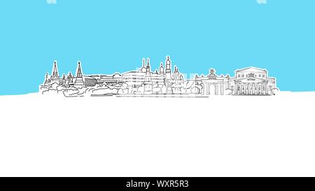 Moskau, Russland Skyline Panorama Vektor Skizze. Handgezeichnete Abbildung auf blauem Hintergrund. Stock Vektor