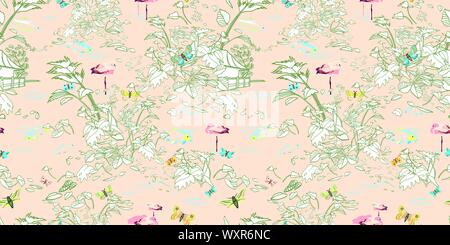 Radierung Stil exotischen Dschungel Landschaft Muster. Botanical Leaf, Line Art Stil in Pastelltönen gehalten. Elegante historische Voyager Stil. Packaging Design, Wohnkultur, stationär. Stock Vektor