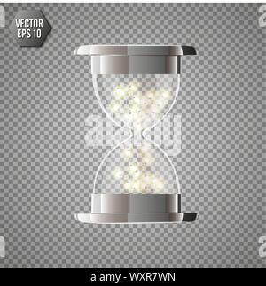 Transparenten Sanduhr mit glühenden Lichter im Inneren, auf transparentem Hintergrund isoliert. Einfache und elegante Sanduhr Timer. Sanduhr 3 d Illus Stock Vektor