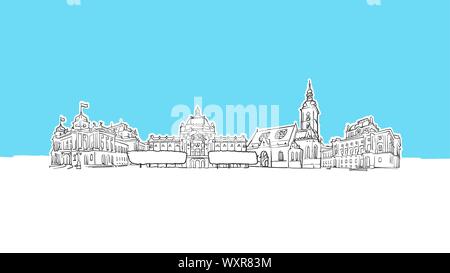 Zagreb Kroatien Skyline Panorama Vektor Skizze. Handgezeichnete Abbildung auf blauem Hintergrund. Stock Vektor
