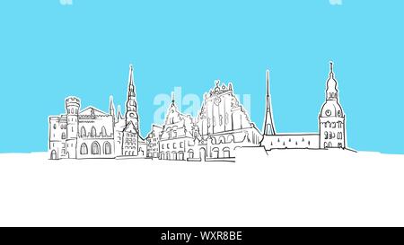 Riga Lettland Skyline Panorama Vektor Skizze. Handgezeichnete Abbildung auf blauem Hintergrund. Stock Vektor