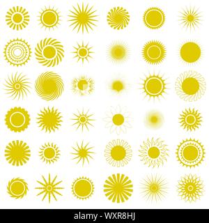 Gelbe Sonne Symbole. Funkelnder Stern, sanftes Licht Explosion. Starburst mit Funkelt Stock Vektor