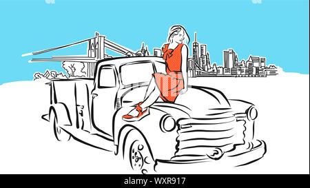 Mädchen auf dem Auto Vor der Skyline von New York City Panorama Vektor Skizze. Handgezeichnete Abbildung auf blauem Hintergrund. Stock Vektor