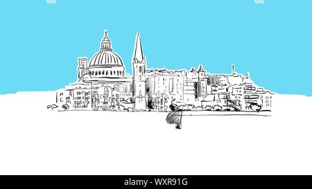 Valetta Skyline Panorama Vektor Skizze. Handgezeichnete Abbildung auf blauem Hintergrund. Stock Vektor