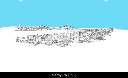 Lissabon, Portugal Skyline Panorama Vektor Skizze. Handgezeichnete Abbildung auf blauem Hintergrund. Stock Vektor