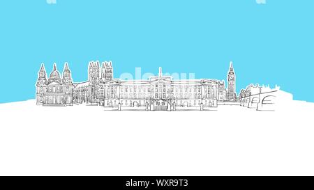 London, Vereinigtes Königreich Skyline Panorama Vektor Skizze. Handgezeichnete Abbildung auf blauem Hintergrund. Stock Vektor