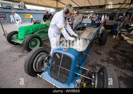 Oldtimer aus den 30er bis in die 1950er Jahre in der Koppel während des Goodwood Revival Festival Auto, UK. Stockfoto