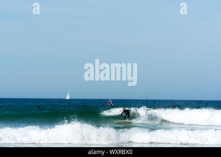 Toulinguet Plage, Fnistere/Frankreich - 23. August 2019: junges Zicklein Surfen an der Westküste der Bretagne in Frankreich am Strand in der Nähe von Toulinguet Camaret-Sur-M Stockfoto