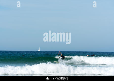 Toulinguet Plage, Fnistere/Frankreich - 23. August 2019: junges Zicklein Surfen an der Westküste der Bretagne in Frankreich am Strand in der Nähe von Toulinguet Camaret-Sur-M Stockfoto