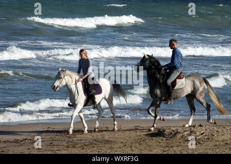 Menschen - Frau Mann, Paar Reiten Pferd auf einem Strand Stockfoto