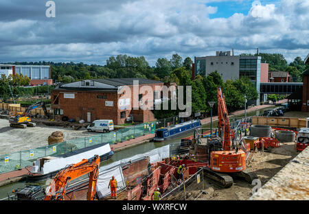 Ausbau der Burg Quays Einkaufszentrum, Banbury, Oxfordshire, England, Grossbritannien, der die aktuelle Baustelle wie sie weiterkommt Stockfoto