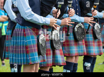 Burntisland und District Pipe Band, Dudelsack in Peebles highland games. Scottish Borders, Schottland Stockfoto