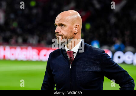 AMSTERDAM, 17-09-2019 JohanCruyff Arena, Champions League Fußball Saison 2019 / 2020. Ajax-Trainer Erik 10 Hag während des Spiels Ajax-Lille. Stockfoto