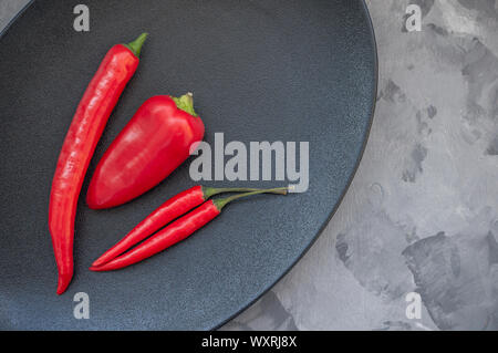 Bunte Mischung aus den frischesten und heißesten Chilischoten und Bulgarischer Pfeffer auf schwarzem Teller Stockfoto