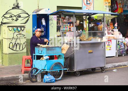 BANOS, ECUADOR - 22. FEBRUAR 2014: Unbekannte Frau, die am 22. Februar 2014 in Banos, Ecuador, Kochbananen in der Ambato Street röstet Stockfoto