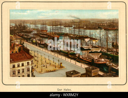 Europa, Deutschland, Hamburg, Landungsbrücken, Blick auf den Hafen mit Segelschiffen, im Vordergrund das Hotel "Bellevue", Chromolithographie aus: "Ansichten-Album Hamburg", herausgegeben von C. Schneider, Berlin NW., 1890er Jahre. /Europa, Deutschland, Hamburg, Landungsbrücken, Blick auf den Hafen mit Segelschiffen, im Vordergrund das Hotel "Bellevue", Lithografie von: 'Ansichten-Album Hamburg" (Blick auf Hamburg), veröffentlicht durch C.Schneider, Berlin NW., über 1890Th. Stockfoto