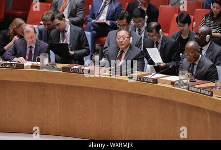 Vereinten Nationen, New York, USA, 17. September 2019 - KZhang Jun, Ständiger Vertreter Chinas bei den Vereinten Nationen, Adressen der Sicherheitsrat über die Situation in Afghanistan heute am Hauptsitz der Vereinten Nationen in New York. Foto: Luiz Rampelotto/EuropaNewswire KREDITKARTE ZWINGEND ERFORDERLICH. | Verwendung der weltweiten Kredit: dpa Picture alliance/Alamy leben Nachrichten Stockfoto