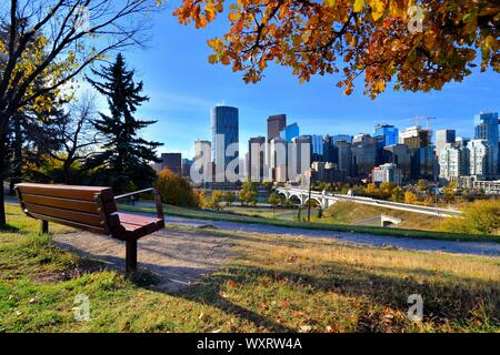 Blick von einem Park mit Blick auf die Skyline von Calgary, Alberta im Herbst Stockfoto