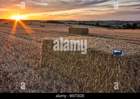 Sonnenuntergang über heuballen Feld in der Britischen Landschaft, England, United Kingdon, Großbritannien Stockfoto