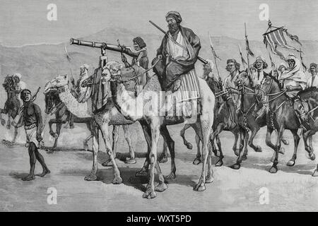 (Sudán Insurrección del Bajo dominio de Egipto) por el líder religioso sudanés llamado Mahdi 'Guía' Muhammad Ahmad bin Abd Allah, contra las Fuerzas del Jedivato de Egipto, y más tarde las Fuerzas britisch. Avanzada una de las tropas del 'Mahdi', en Las cercanías de Suakin. Grabado por Bernardo Rico (1825-1894). La Ilustración Española y Americana, 15 de febrero de 1884. Stockfoto