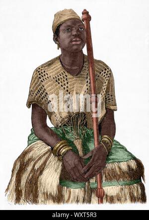 Afrika. Jefe indígena de la Costa, en traje de Ceremonia. Grabado. Coloreado. Afrika Inexplorada, El Continente Misterioso, por Henry Morton Stanley, h. 1887. Stockfoto