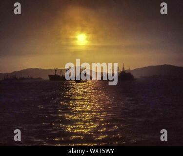 Hongkong, China. 1. Aug 1981. In Kowloon Bay in der Nähe von Hong Kong, Silhouetten von Schiffen im Morgenlicht. Credit: Arnold Drapkin/ZUMA Draht/Alamy leben Nachrichten Stockfoto