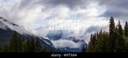 Schöne Panoramasicht auf die Landschaft des Mount Robson im Hintergrund, während eine trübe Sommermorgen. In British Columbia, Kanada. Stockfoto