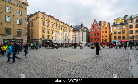 Stockholm, Schweden. September 2019. Panoramablick auf den Platz Stortorget Stockfoto
