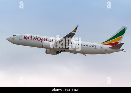Tel Aviv, Israel - 18. Februar 2019: Ethiopian Airlines Boeing 737 MAX. 8 Flugzeug am Flughafen Tel Aviv (TLV) in Israel. Stockfoto