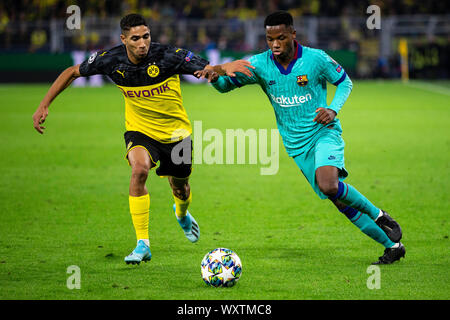 Dortmund, Deutschland. 17 Sep, 2019. Dortmund, 17. September 2019: CL - 19/20 - Borussia Dortmund gegen Dortmund. FC Barcelona v. li. In die zweikämpfe Achraf Hakimi (Borussia Dortmund) und Ansu Fati (FC Barcelona) | Verwendung der weltweiten Kredit: dpa/Alamy leben Nachrichten Stockfoto