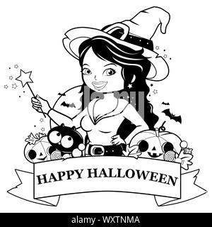 Halloween Hexe, Kürbisse und Leckereien. Schwarze und weiße Malbuch Seite. Stockfoto