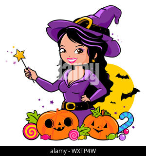 Halloween Hexe ihren Zauberstab, Kürbisse und Candy Holding. Stockfoto