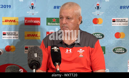 Screen Grab von PA Video von Wales Trainer Warren Gatland während einer Pressekonferenz auf der Rihga Royal Hotel, Kitakyushu genommen. Stockfoto