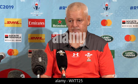 Screen Grab von PA Video von Wales Trainer Warren Gatland während einer Pressekonferenz auf der Rihga Royal Hotel, Kitakyushu genommen. Stockfoto