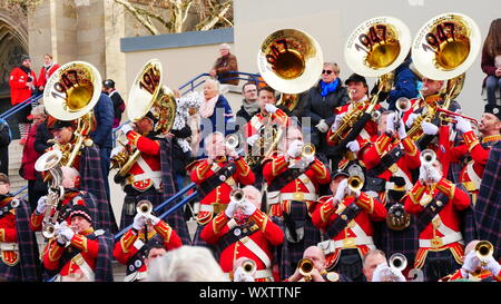 Musiker mit Bläsern im Karneval von Basel Stockfoto