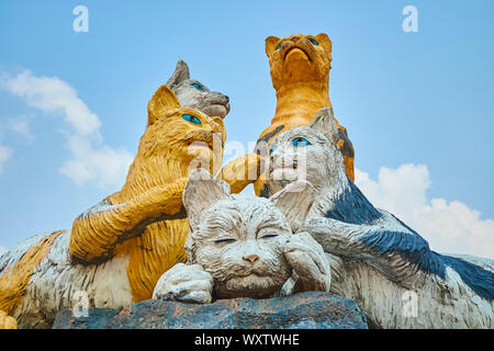 Die Statue einer Gruppe von Katzen, das Symbol der Katze in Kuching (Malay), in Kuching, Sarawak, Borneo, Malaysia. Stockfoto