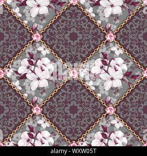 Nahtlose dekorative Muster mit Blumen und Ketten Stockfoto