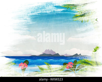 Grunge Hintergrund mit tropischen Insel mit Palmen in den Ozean. Stockfoto