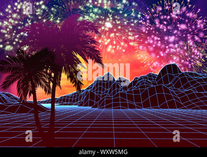 Neon leuchtenden grid Felsen und Palmen, futuristische Landschaft Design, 3D-Darstellung. Stockfoto