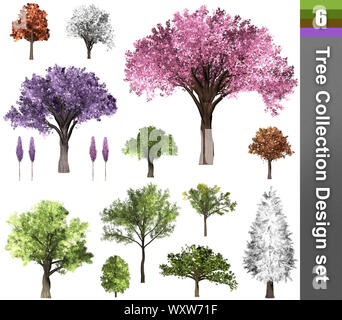 Baum Korrektur Design. 3D-Darstellung. Weißer Hintergrund isolieren. Natur und Gärten Design. Stockfoto