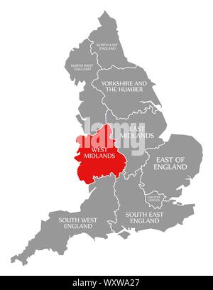 West Midlands rot hervorgehoben Karte von England Großbritannien Stockfoto