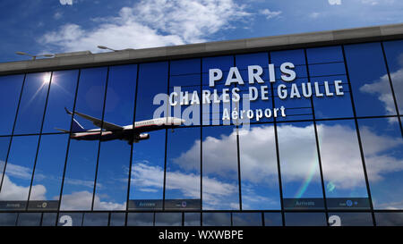 Jet Flugzeug Landung in Paris CDG, Frankreich 3D Rendering Illustration. Ankunft in der Stadt mit dem Glas Airport Terminal und Reflexion der Ebene. Stockfoto