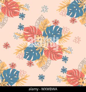 Moderne Abbildung im skandinavischen Stil mit tropischen Blättern, Grunge, marmorierung Texturen, nahtlose Muster Stock Vektor